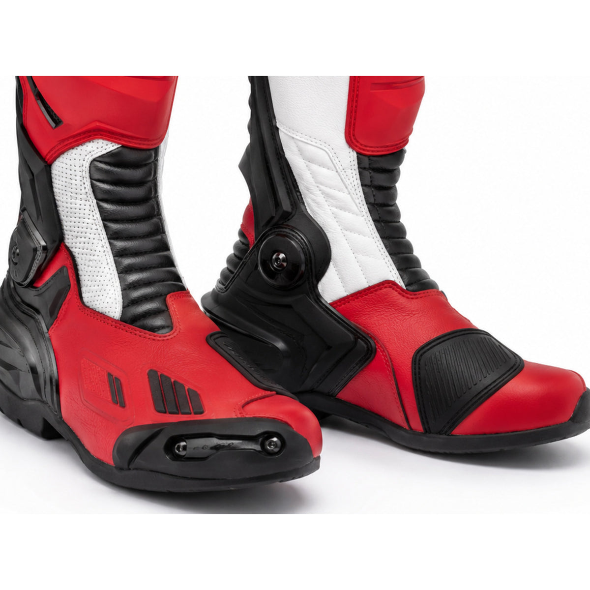 Redline Crest Red White Racing Motorcycle Boots – toe ankle sole detail – Red / White / Black