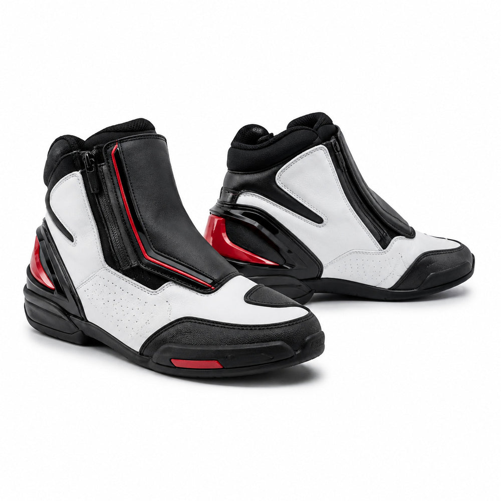 Redline Mono Racing-Style Motorcycle Riding Shoes – hero in White / Black / Red