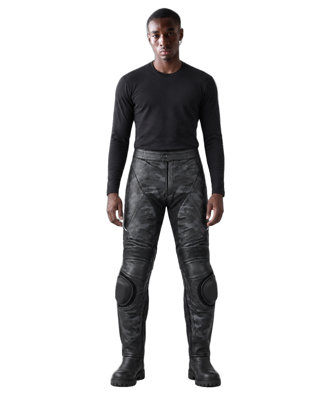 Redline Mono Leather Motorcycle Racing Pants front view on male model transparent background