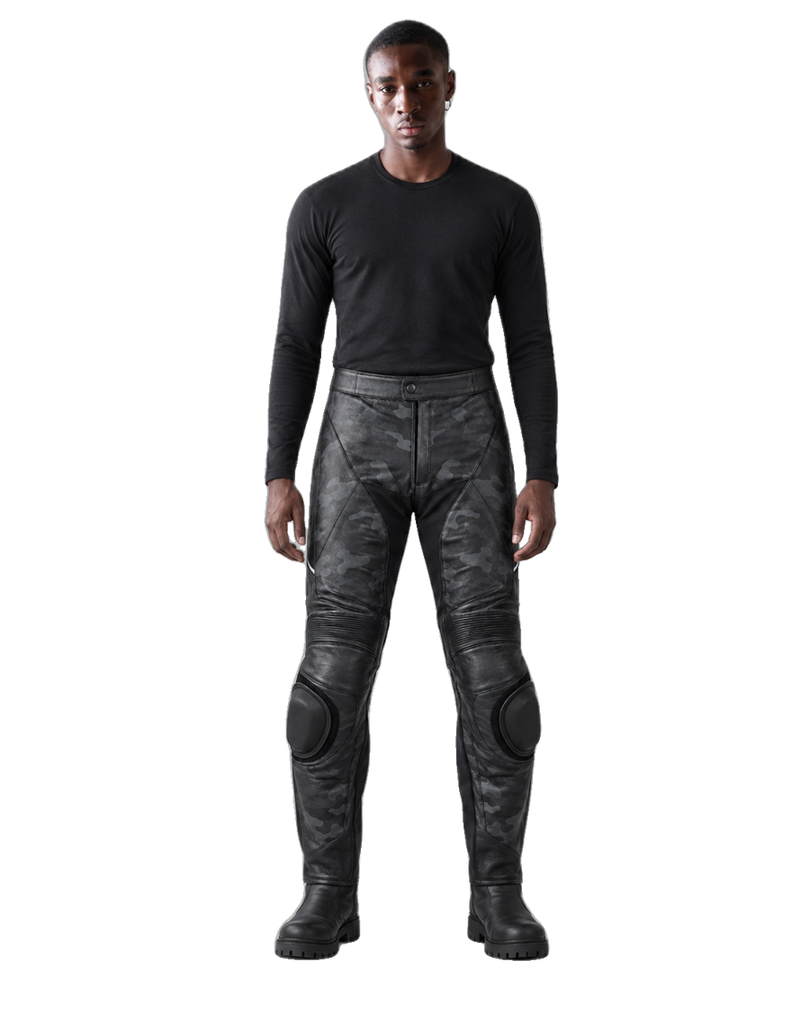 Redline Mono Leather Motorcycle Racing Pants front view on male model transparent background