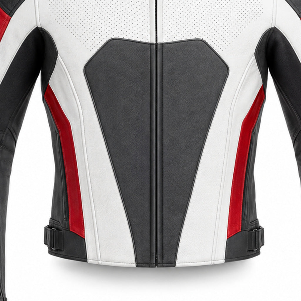 Redline Mono R Leather Motorcycle Racing Jacket leather panels stitching and hardware detail