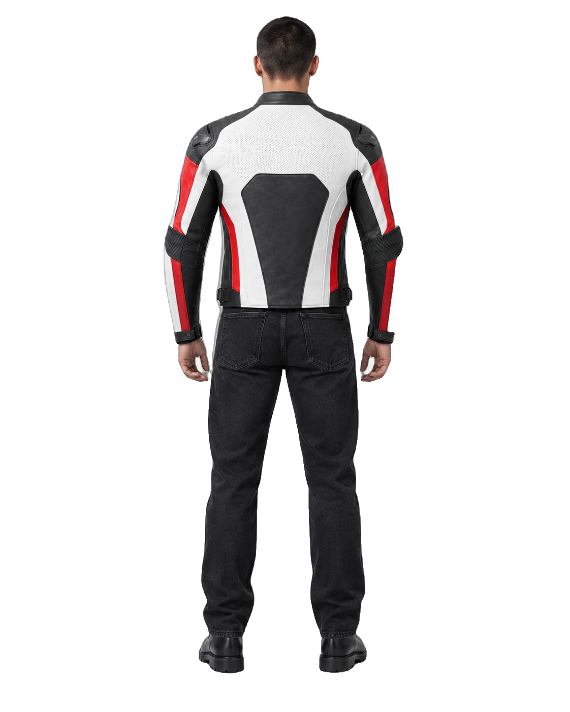 Redline Mono R Leather Motorcycle Racing Jacket back view on male model with transparent background