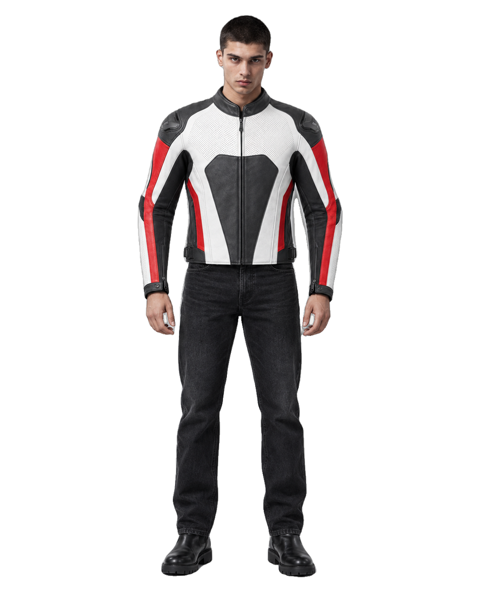 Redline Mono R Leather Motorcycle Racing Jacket front view on male model with transparent background