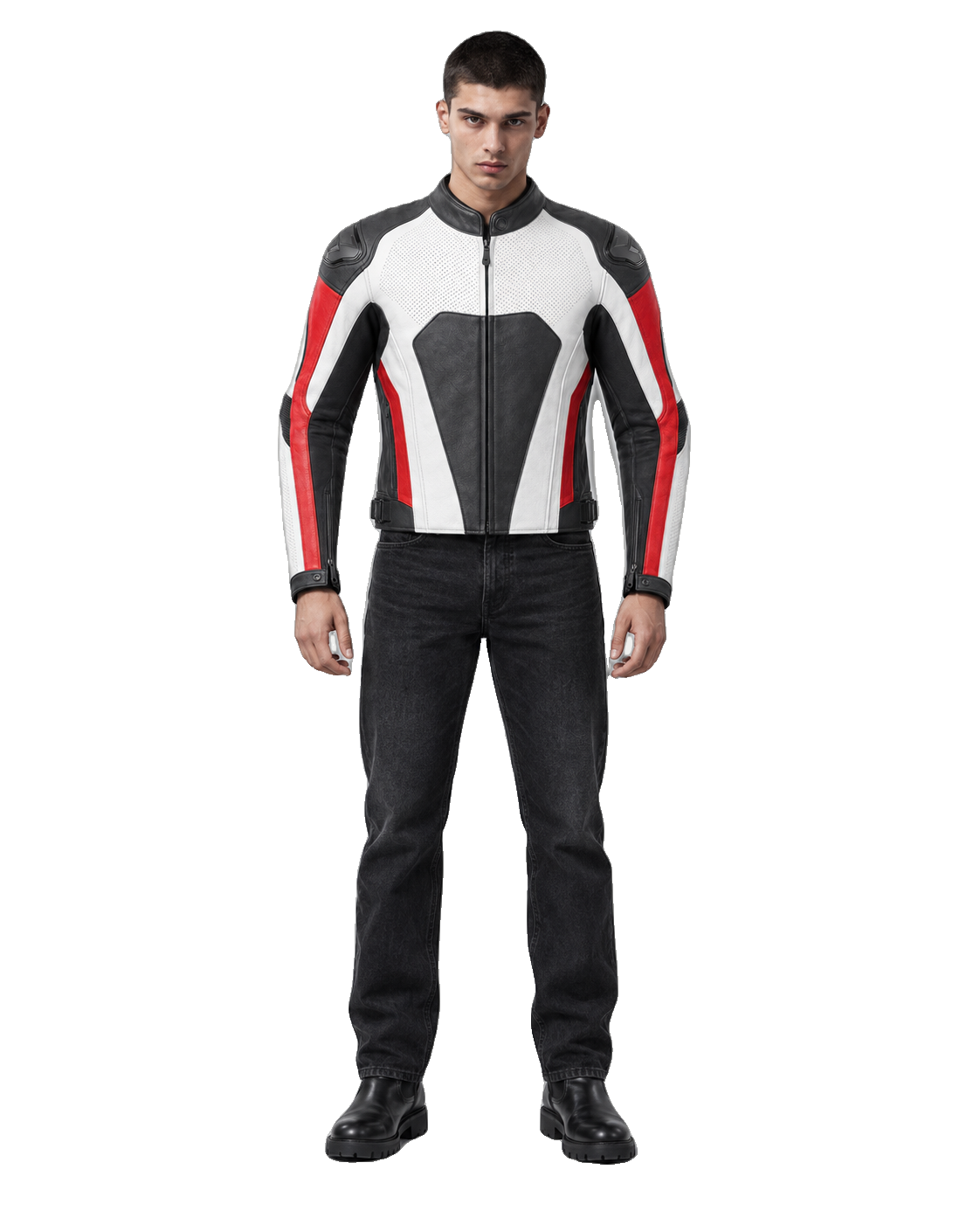 Redline Mono R Leather Motorcycle Racing Jacket front view on male model with transparent background