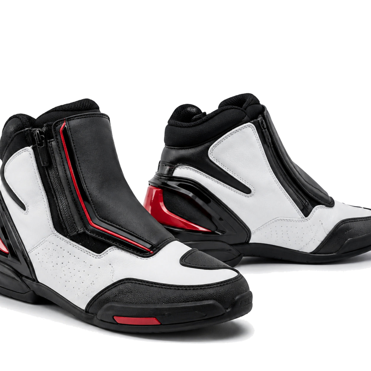 Redline Mono Racing-Style Motorcycle Riding Shoes – upper closure detail in White / Black / Red