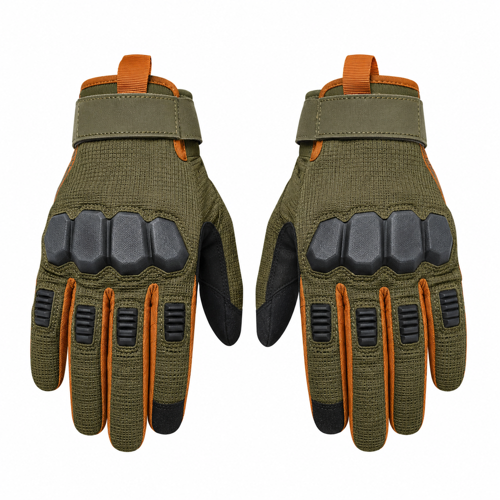 Reinforced knuckle motorcycle gloves in olive and orange, pair on white background