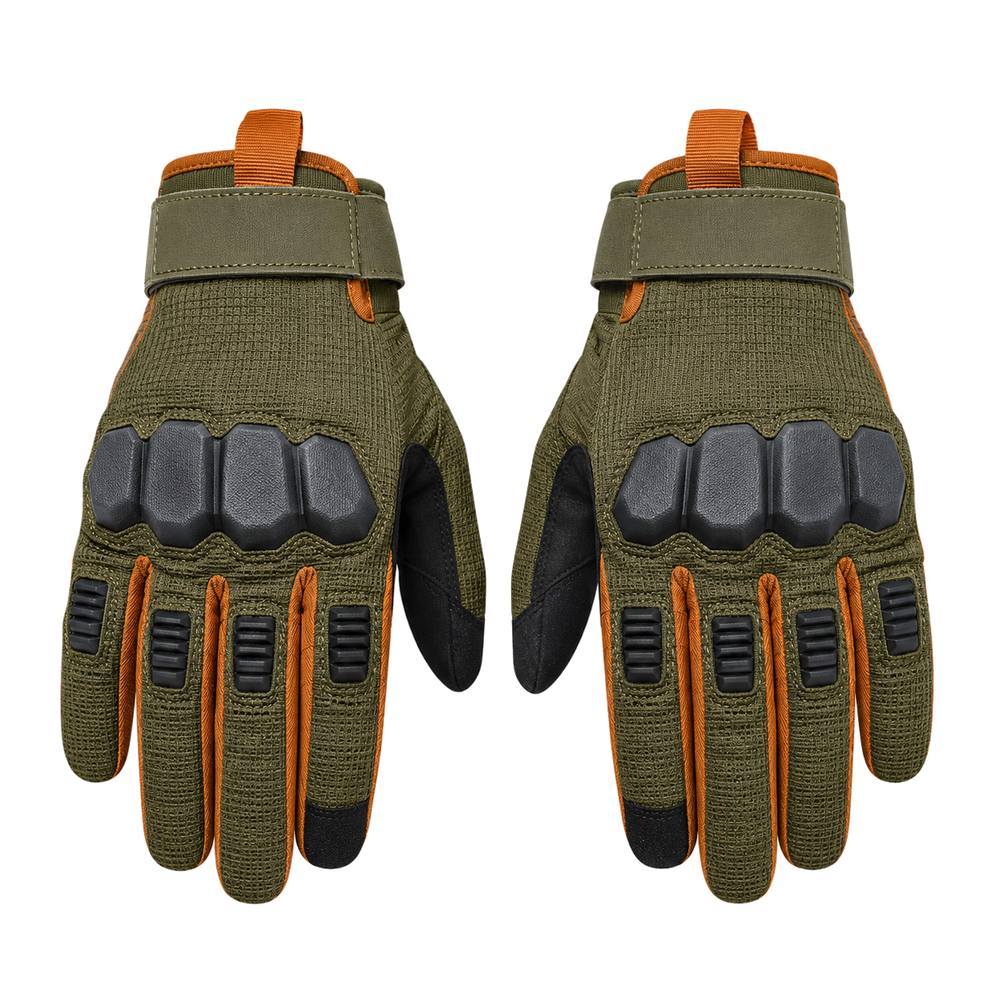 Reinforced knuckle motorcycle gloves in olive and orange, pair on white background