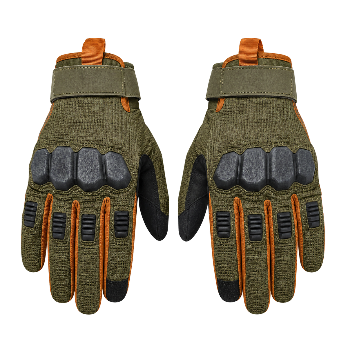 Reinforced knuckle motorcycle gloves in olive and orange, pair on white background