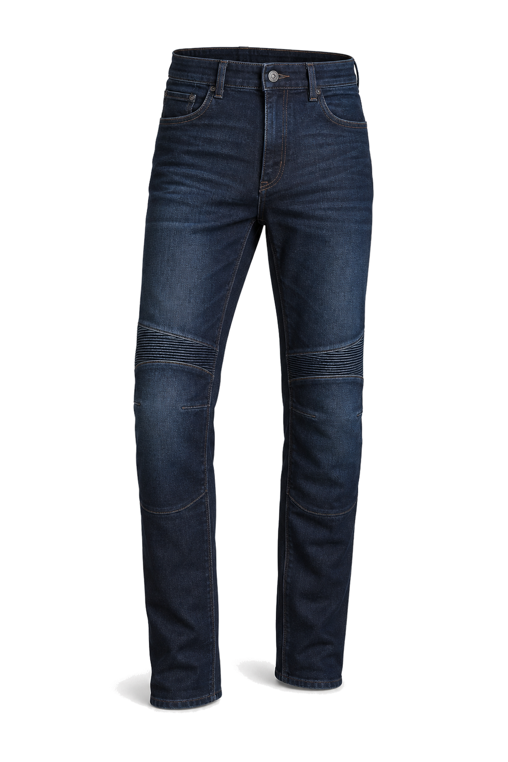 Roadguard Indigo Armored Motorcycle Riding Jeans front three-quarter view on light gray background