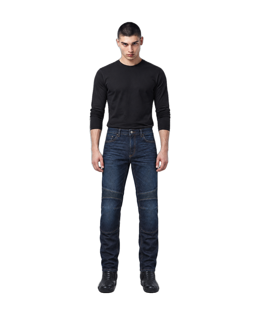 Roadguard Indigo Armored Motorcycle Riding Jeans front view on male model on transparent background