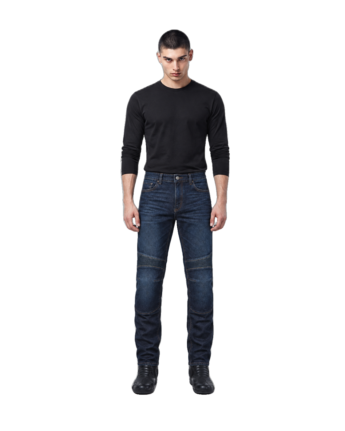 Roadguard Indigo Armored Motorcycle Riding Jeans front view on male model on transparent background