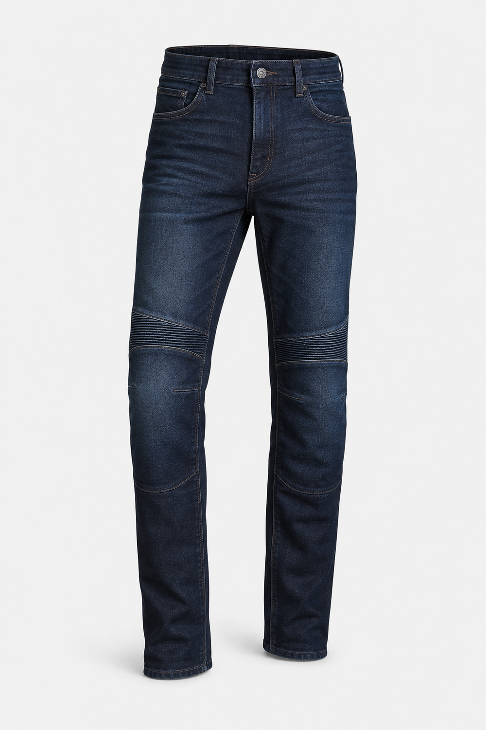 Roadguard Indigo Armored Motorcycle Riding Jeans front three-quarter view on light gray background