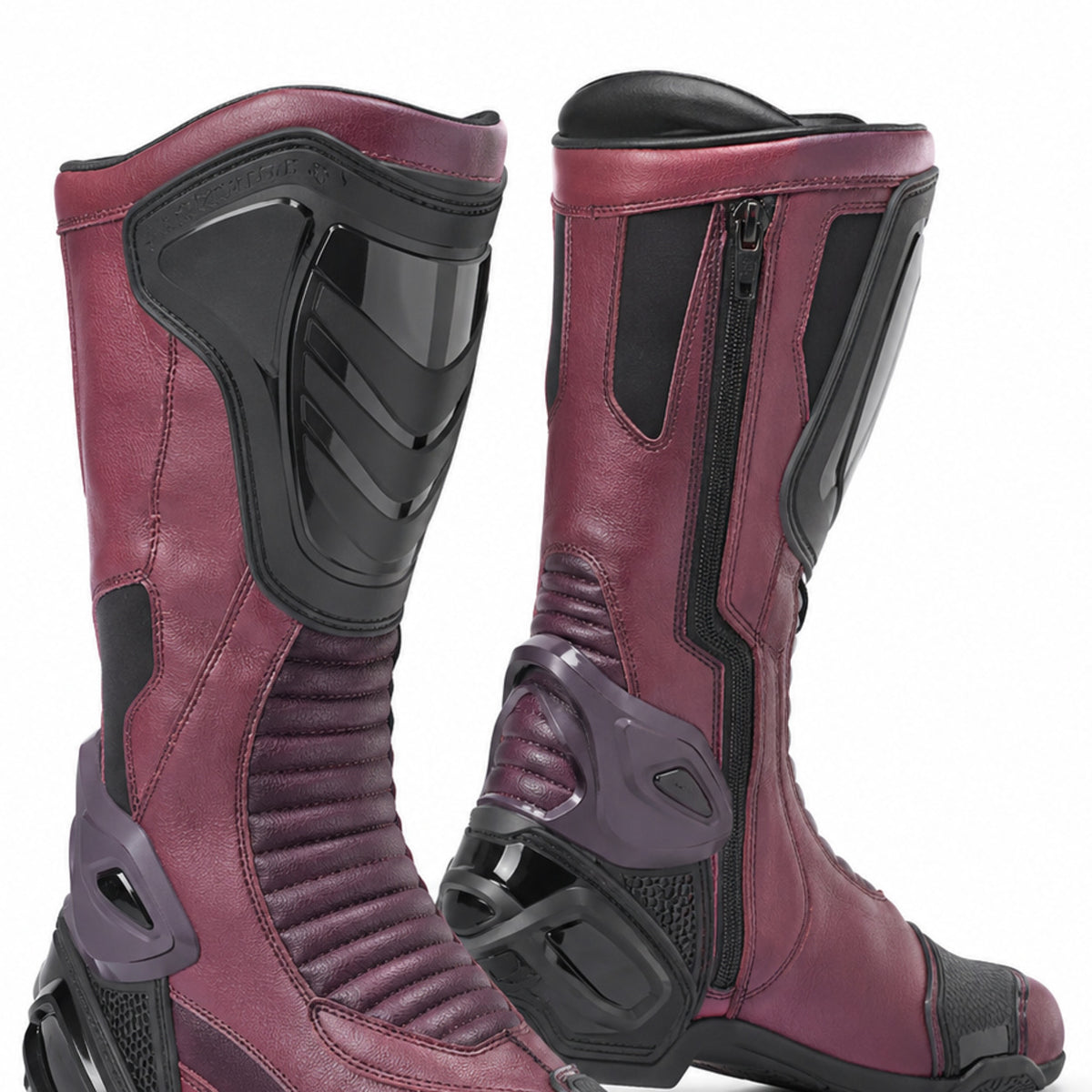 Rose Nova Women's Racing Motorcycle Boots – shin closure detail – Dark Rose / Plum / Black
