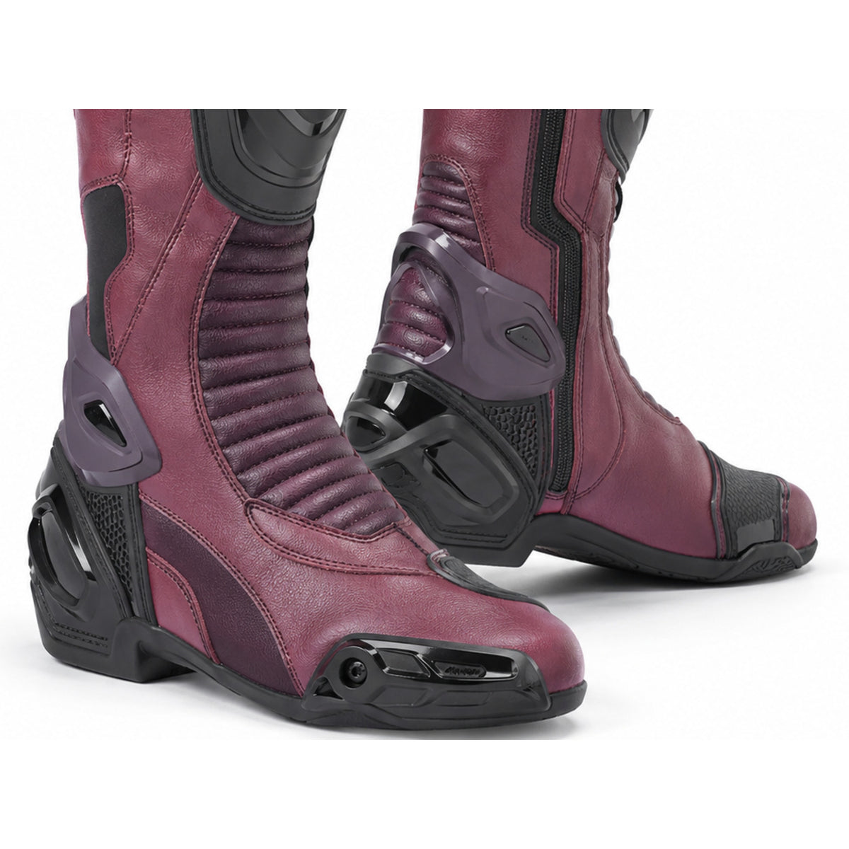 Rose Nova Women's Racing Motorcycle Boots – toe ankle sole detail – Dark Rose / Plum / Black