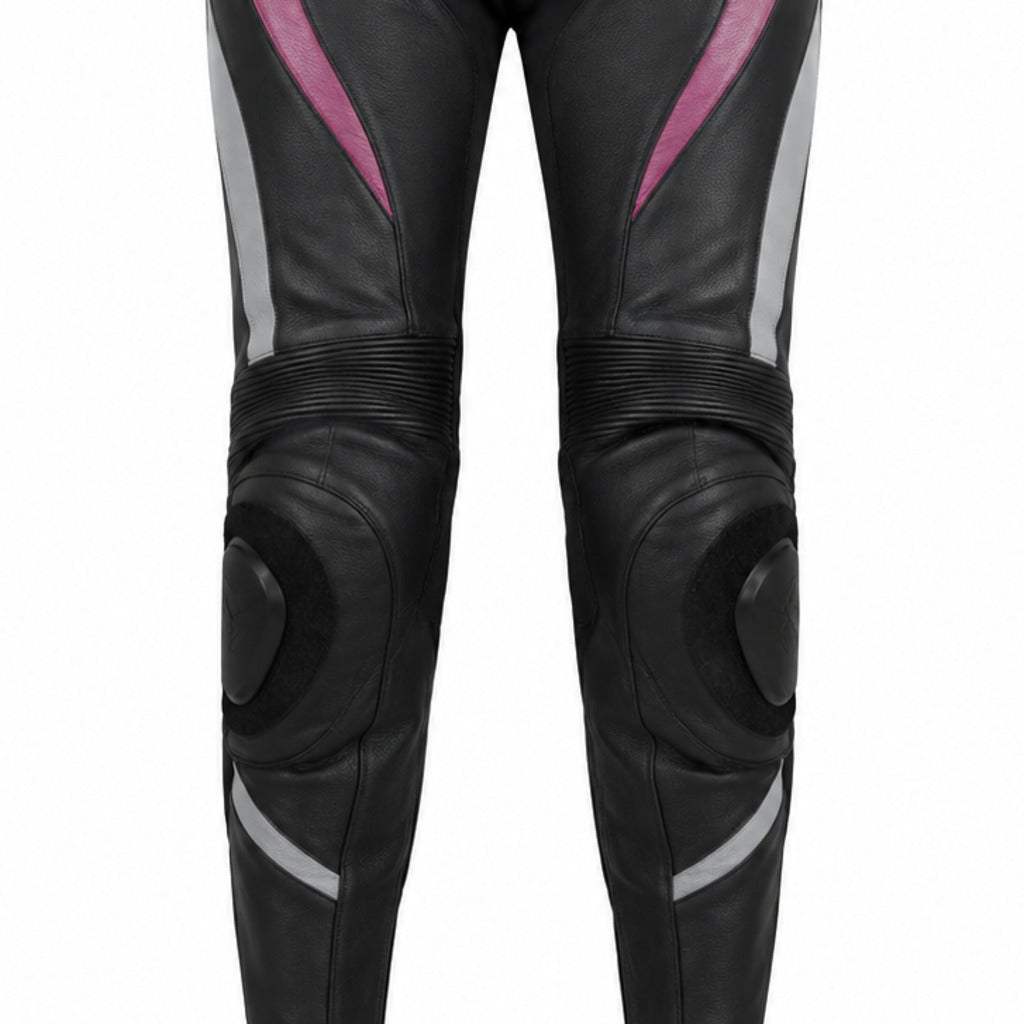RoseLine W Leather Motorcycle Racing Pants knee panels leather and stitching detail