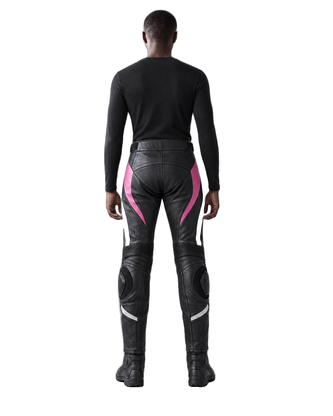 RoseLine W Leather Motorcycle Racing Pants back view on female model transparent background