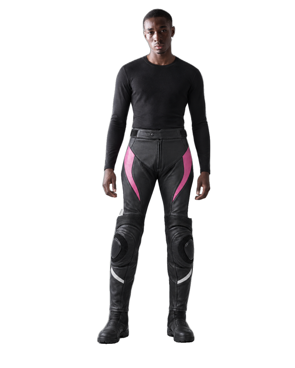 RoseLine W Leather Motorcycle Racing Pants front view on female model transparent background