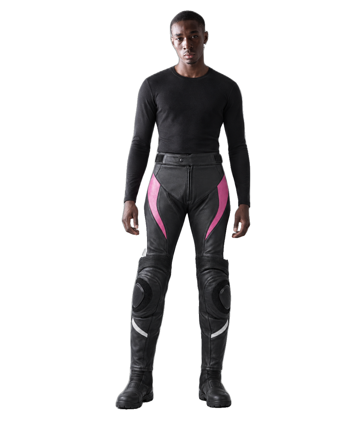 RoseLine W Leather Motorcycle Racing Pants front view on female model transparent background