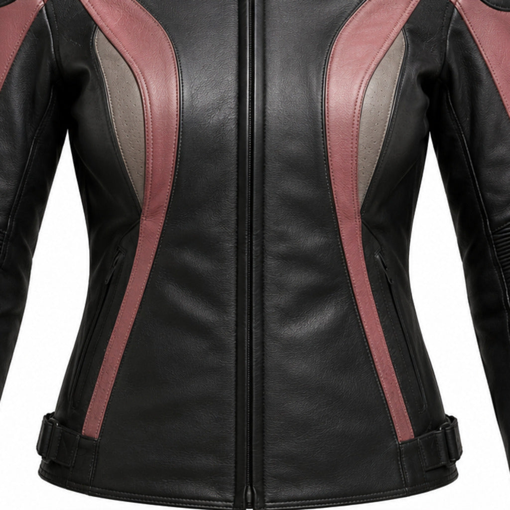 RoseLine W R Leather Motorcycle Racing Jacket leather panels stitching and hardware detail