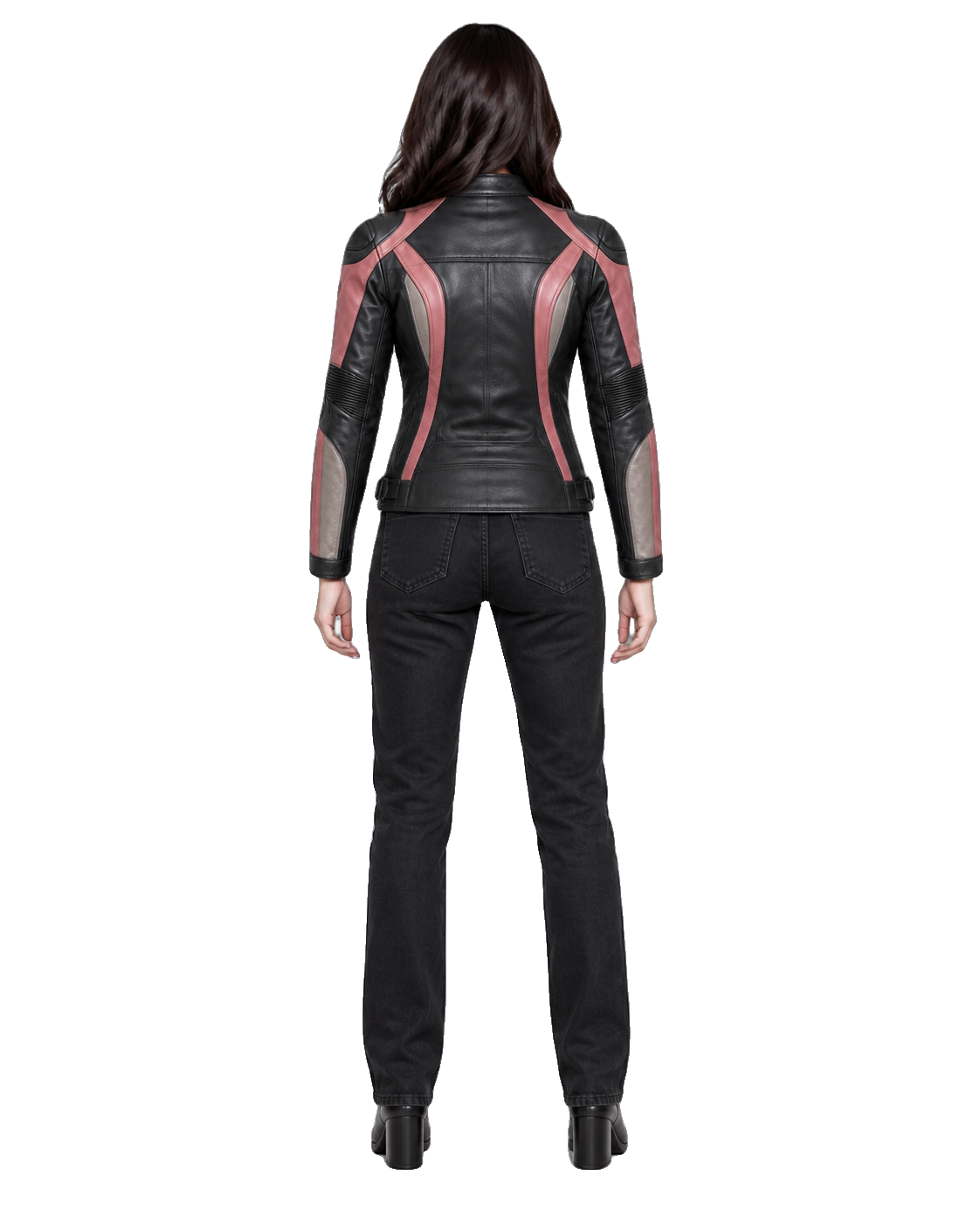 RoseLine W R Leather Motorcycle Racing Jacket back view on female model with transparent background