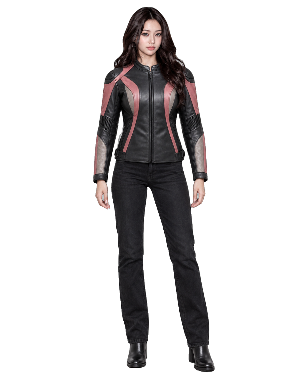 RoseLine W R Leather Motorcycle Racing Jacket front view on female model with transparent background