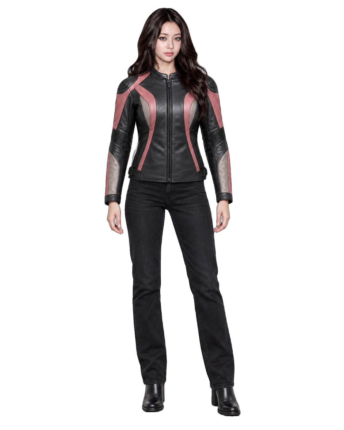 RoseLine W R Leather Motorcycle Racing Jacket front view on female model with transparent background