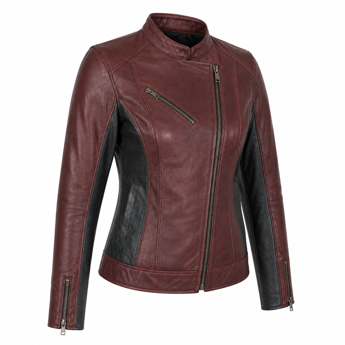 Rosewood Metro Women’s Leather Commuter Jacket three-quarter leather detail view