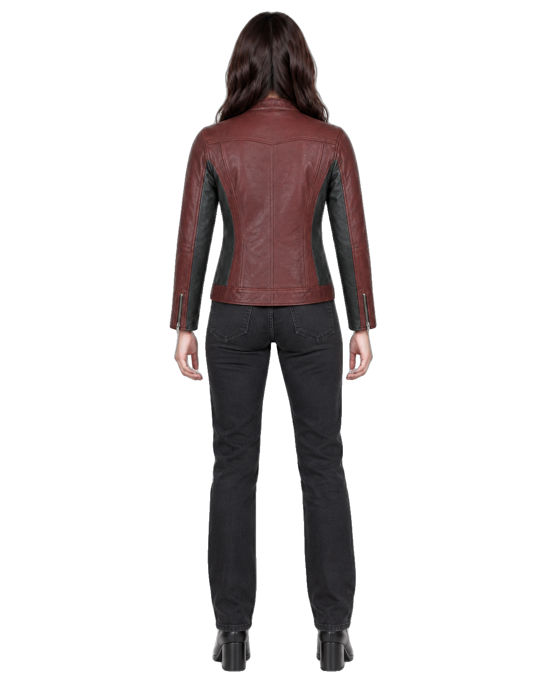 Rosewood Metro Women’s Leather Commuter Jacket back view on female model with transparent background