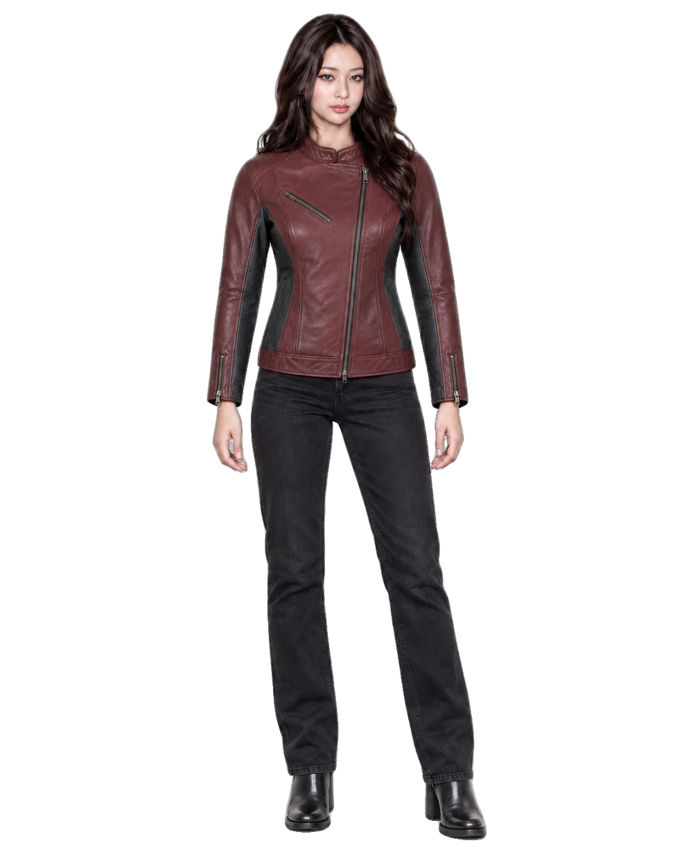 Rosewood Metro Women’s Leather Commuter Jacket front view on female model with transparent background