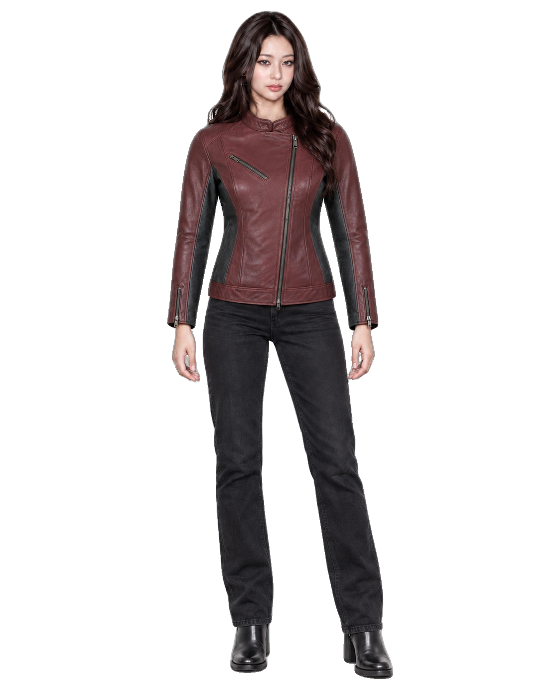 Rosewood Metro Women’s Leather Commuter Jacket front view on female model with transparent background