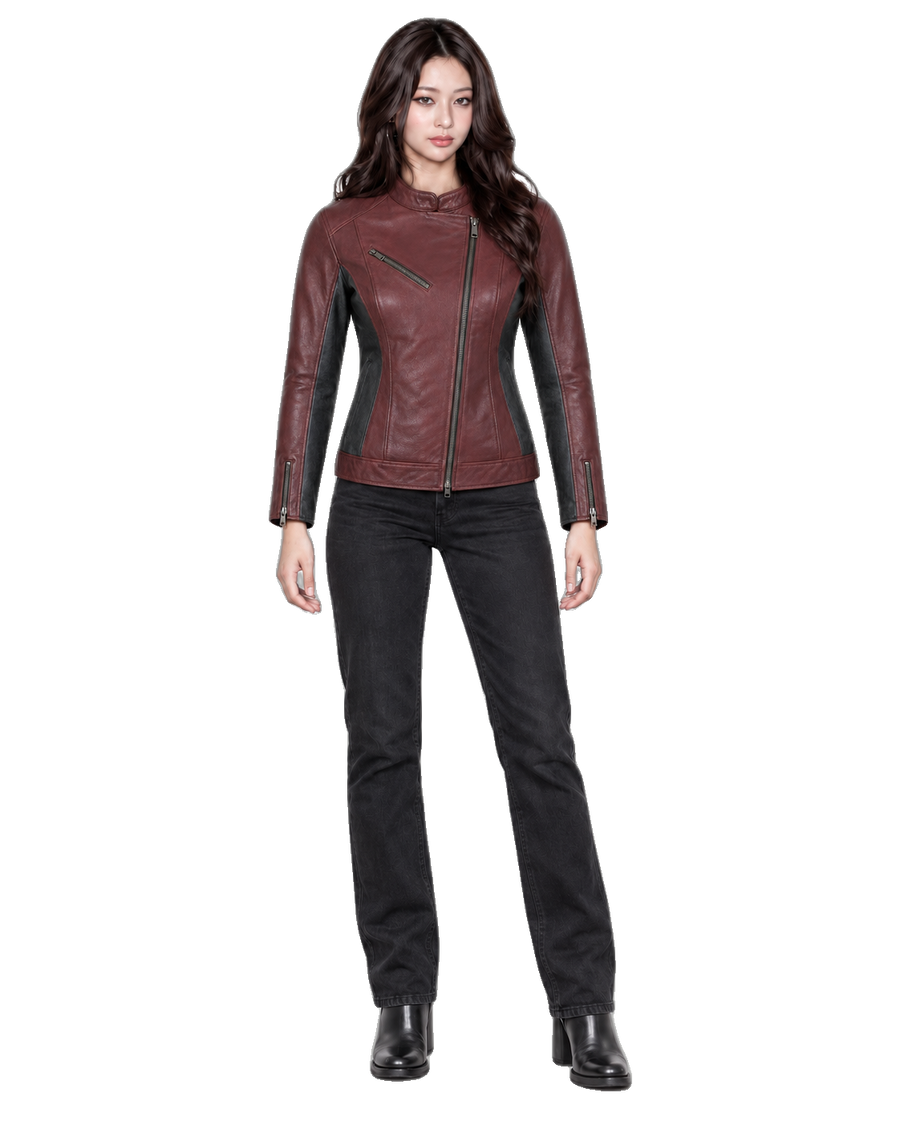 Rosewood Metro Women’s Leather Commuter Jacket front view on female model with transparent background