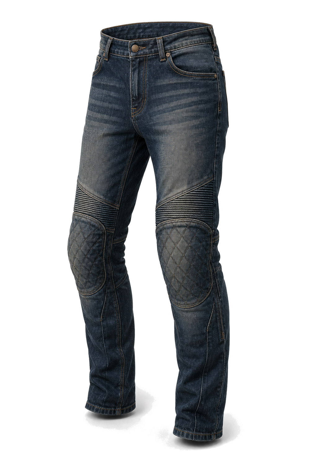Route 66 Indigo Armored Motorcycle Riding Jeans front three-quarter view on light gray background