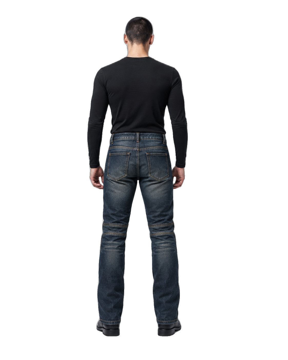 Route 66 Indigo Armored Motorcycle Riding Jeans back view on male model on transparent background