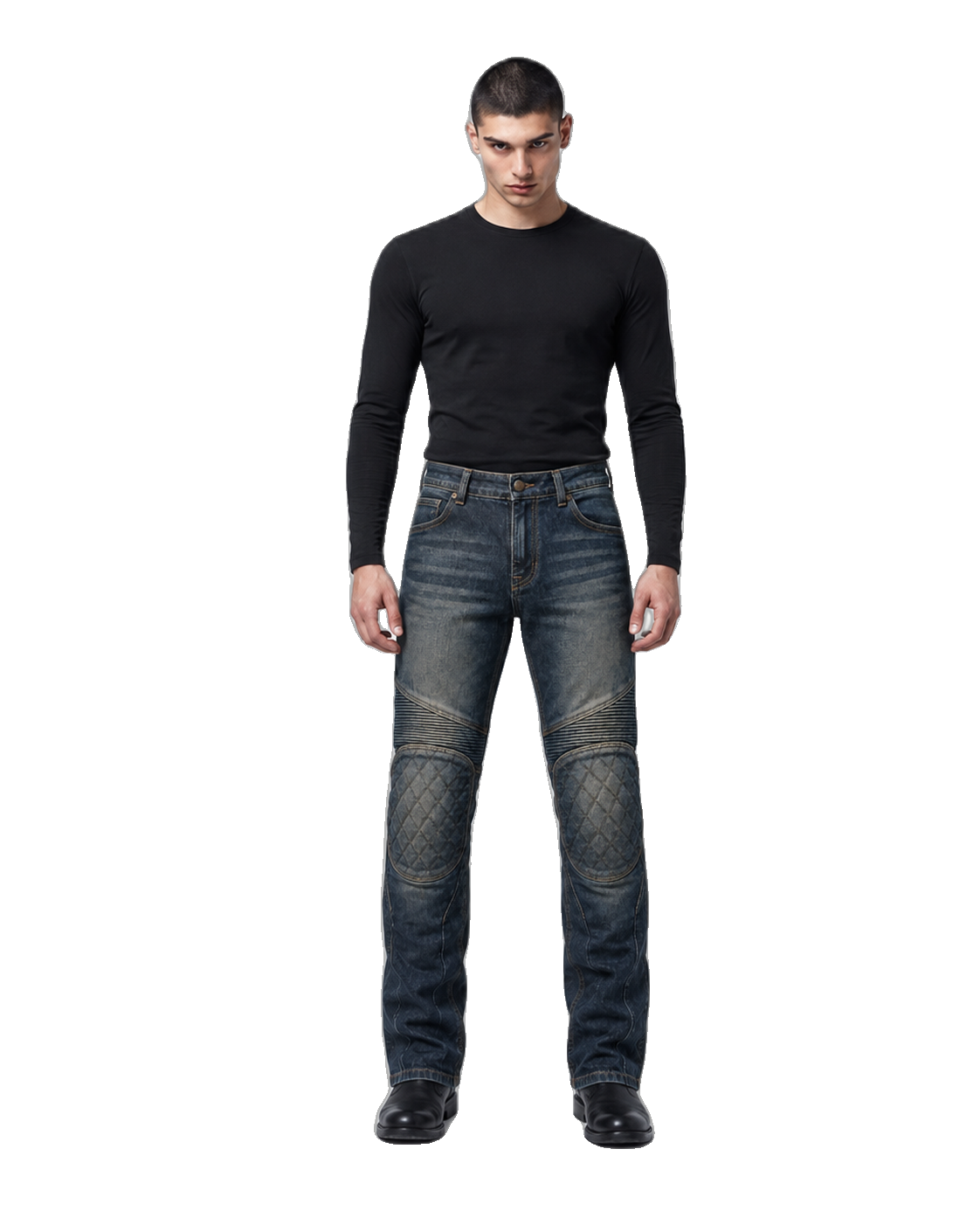 Route 66 Indigo Armored Motorcycle Riding Jeans front view on male model on transparent background