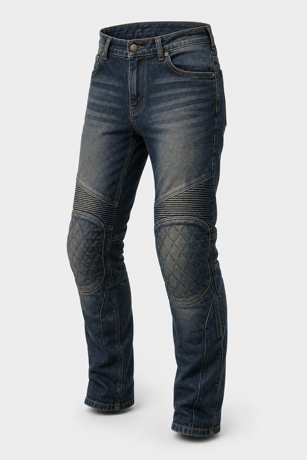 Route 66 Indigo Armored Motorcycle Riding Jeans front three-quarter view on light gray background
