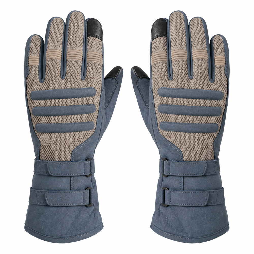 Comfortable touring motorcycle gloves in taupe and slate blue, pair on white background