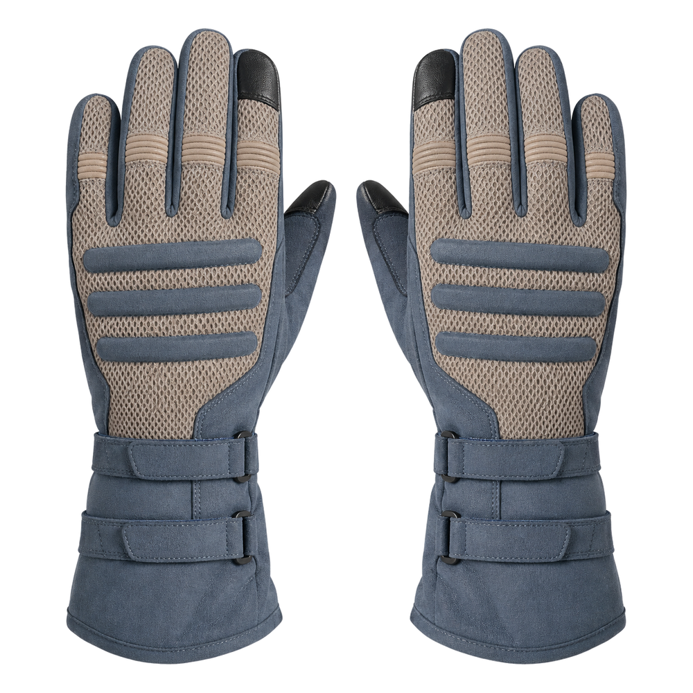 Comfortable touring motorcycle gloves in taupe and slate blue, pair on white background