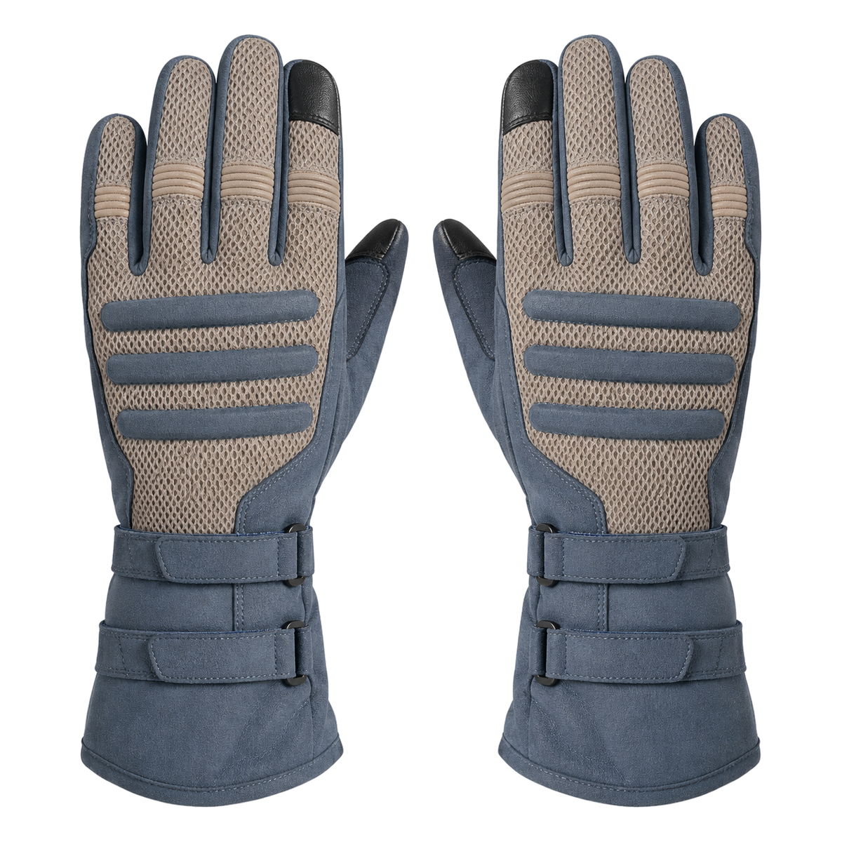 Comfortable touring motorcycle gloves in taupe and slate blue, pair on white background