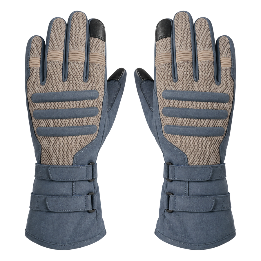 Comfortable touring motorcycle gloves in taupe and slate blue, pair on white background