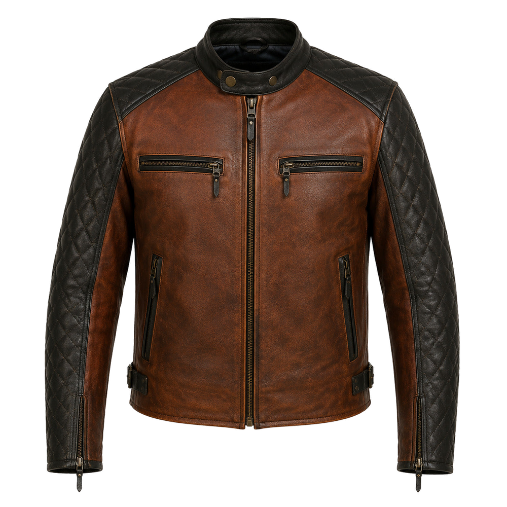 Rust Canyon Brown classic cruiser leather motorcycle jacket front hero view