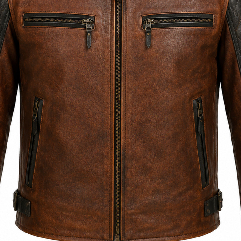 Rust Canyon Brown classic cruiser leather motorcycle jacket leather and hardware detail