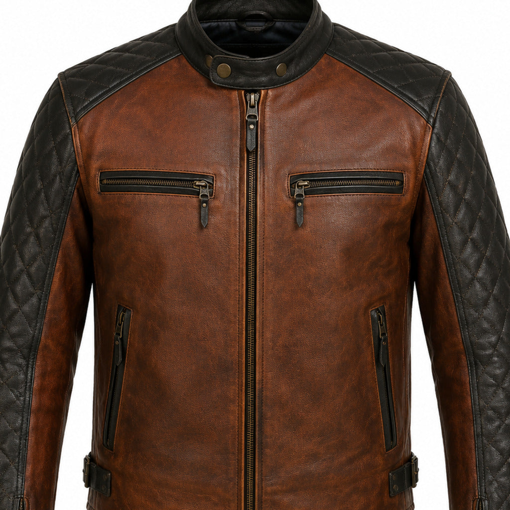 Rust Canyon Brown classic cruiser leather motorcycle jacket upper construction detail