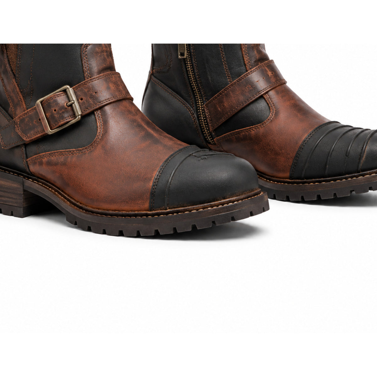 Rust Forge Buckle Motorcycle Riding Shoes – toe sole detail in Burnt Rust / Black