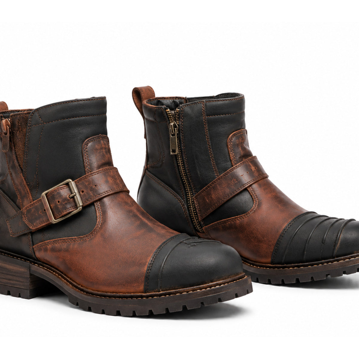 Rust Forge Buckle Motorcycle Riding Shoes – upper closure detail in Burnt Rust / Black