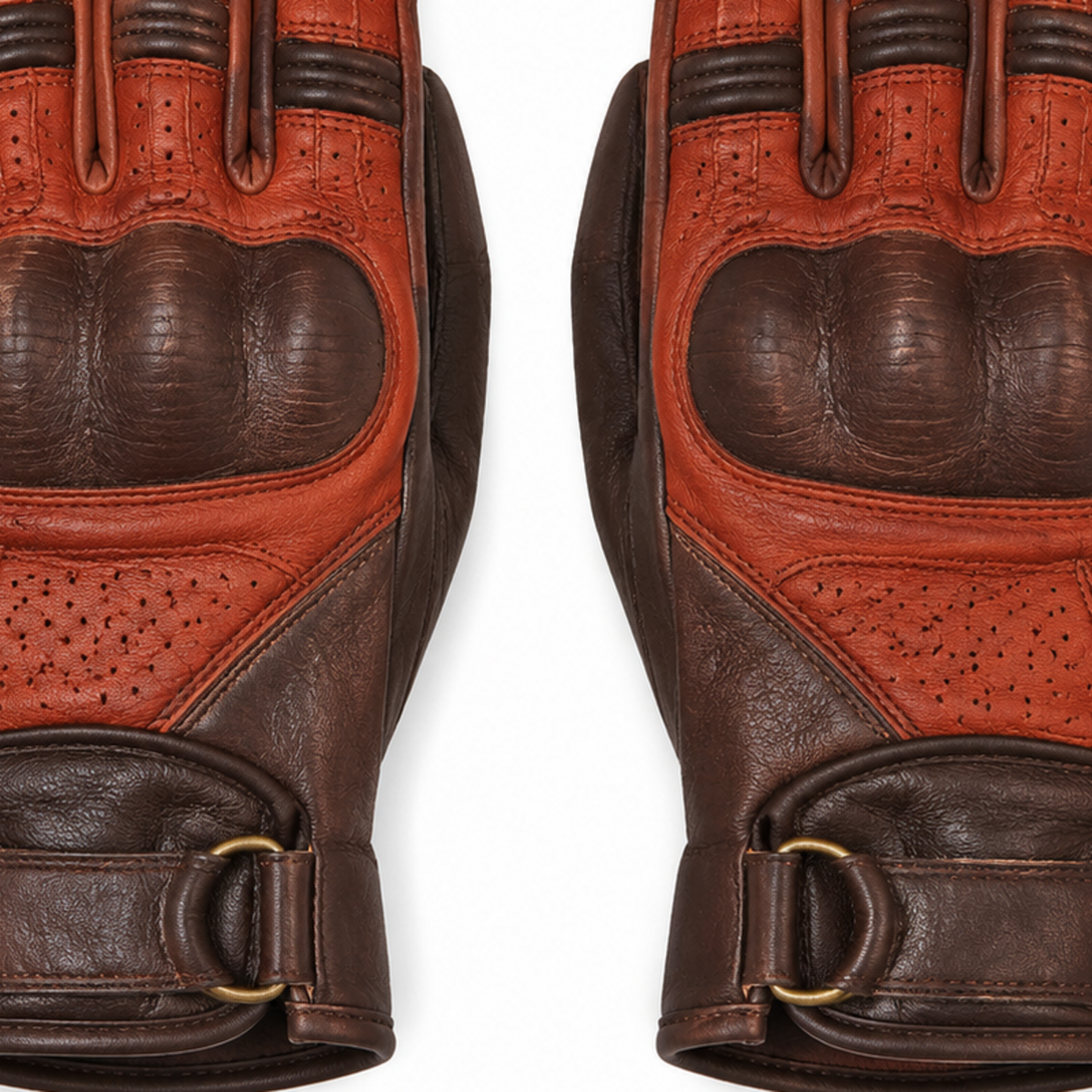 RustEcho orange brown street motorcycle gloves — cuff and backhand construction detail