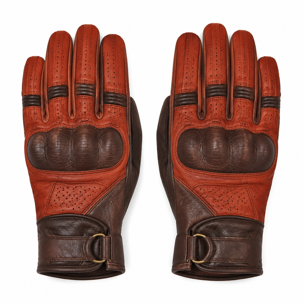 RustEcho orange brown street motorcycle gloves — full pair hero view