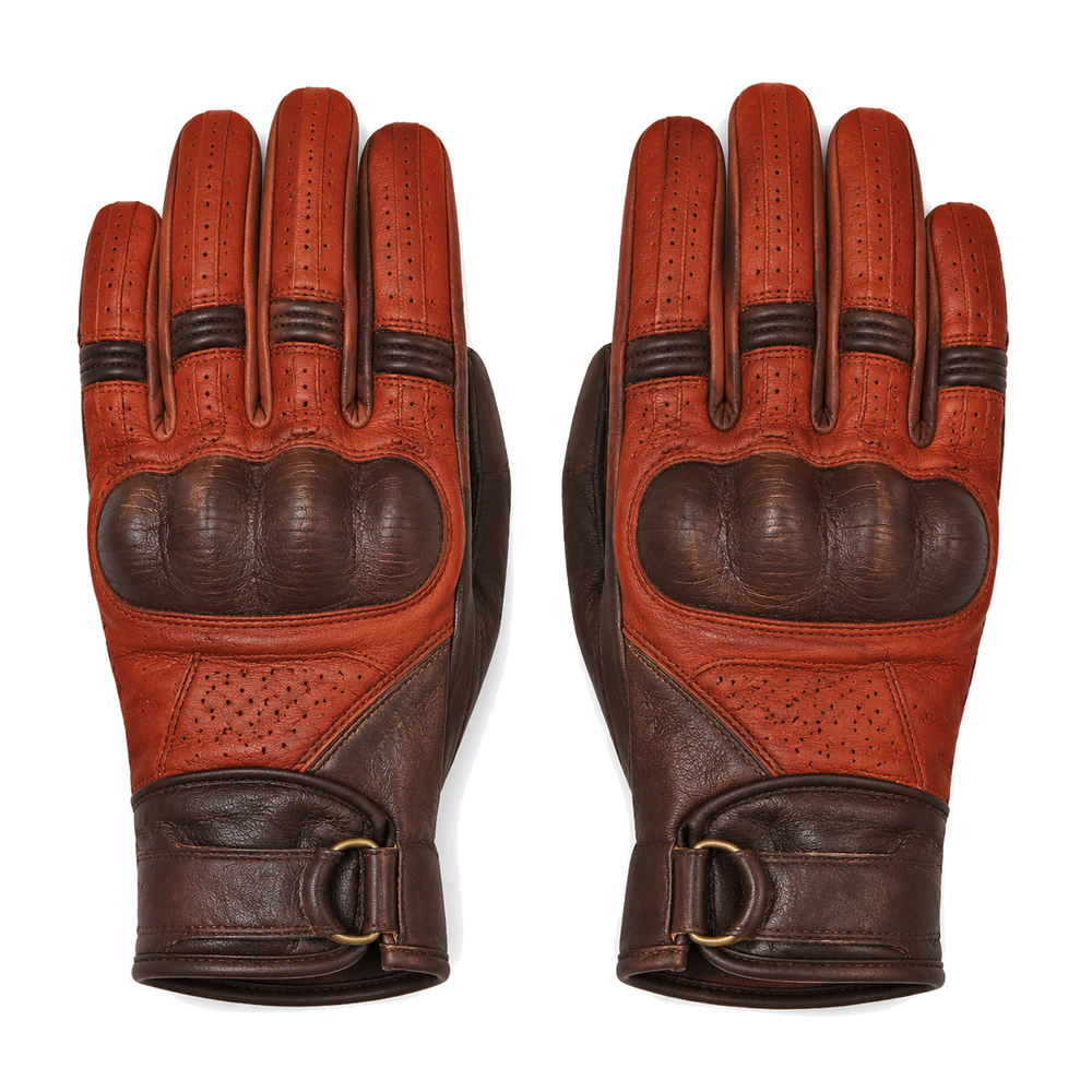 RustEcho orange brown street motorcycle gloves — full pair hero view