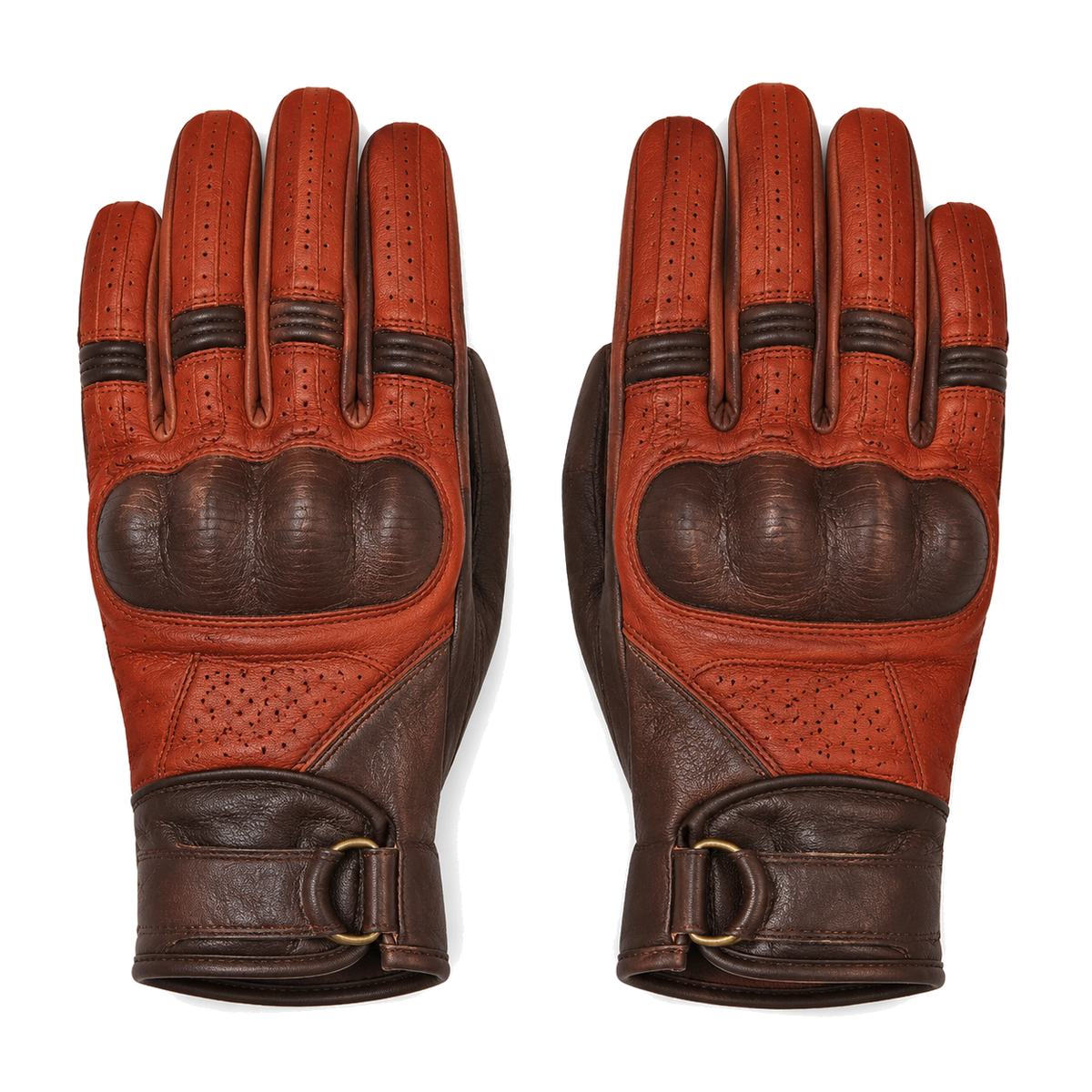 RustEcho orange brown street motorcycle gloves — full pair hero view