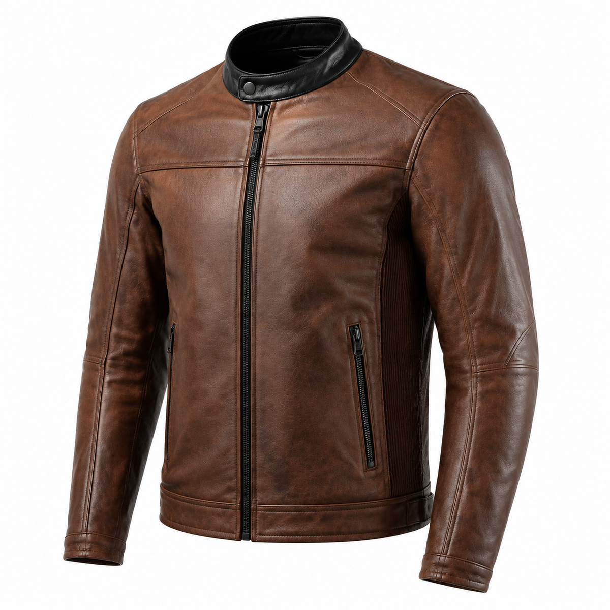 Rustline Moto Vintage Brown Leather Street Jacket three-quarter leather detail view