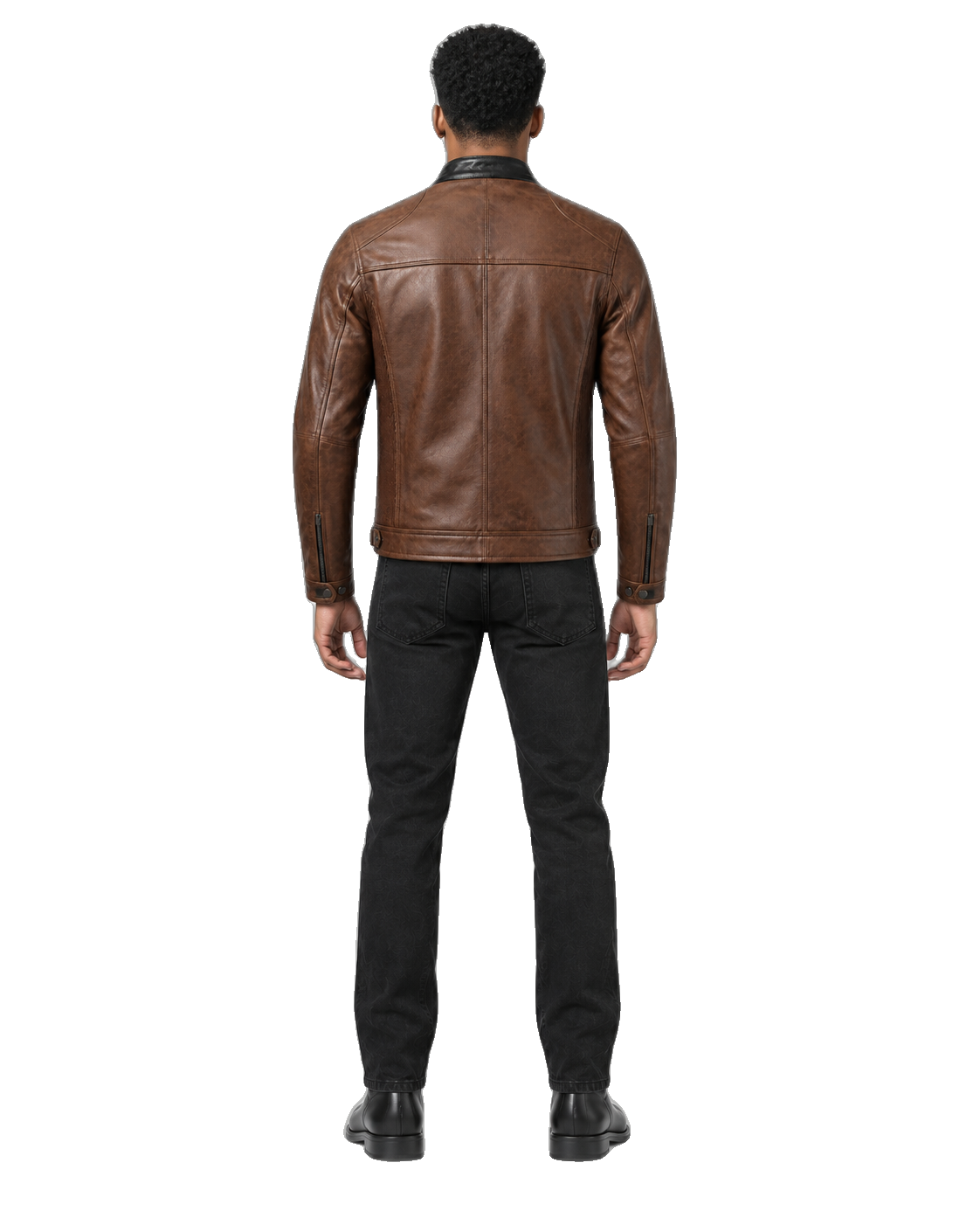 Rustline Moto Vintage Brown Leather Street Jacket back view on male model with transparent background